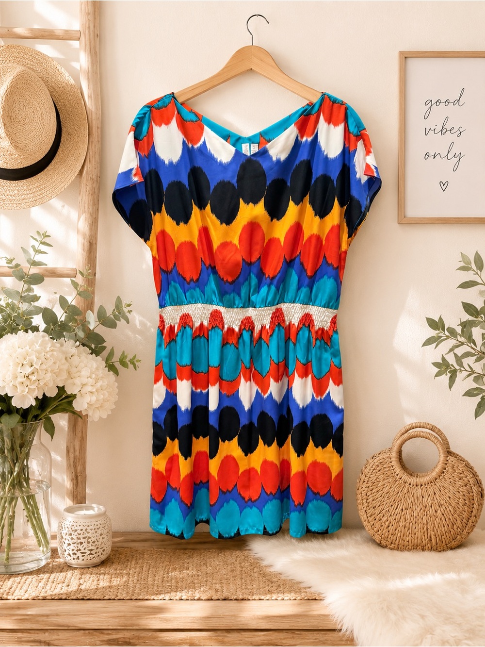 Super Cute Colorful Boho Summer Dress – Smocked Waist - Petite Large